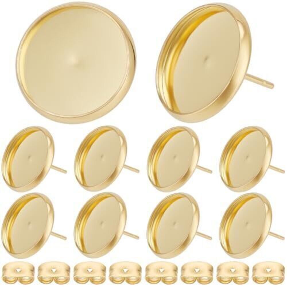 5656 1 Box 50Pcs 14mm Stud Earring Kit 18K Gold Plated Stainless Steel Tray